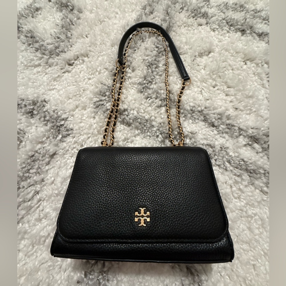 Tory Burch Black Leather Shoulder Bag with Gold Chain